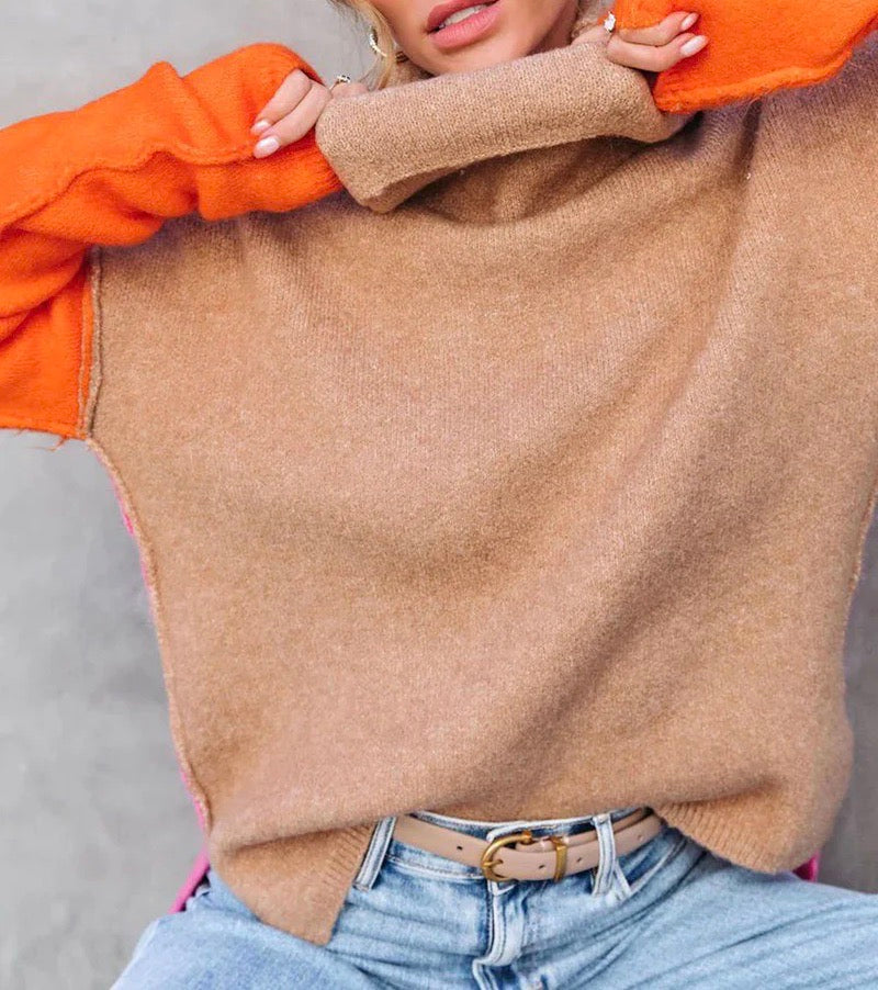 Colour Block Turtleneck Jumper for Women