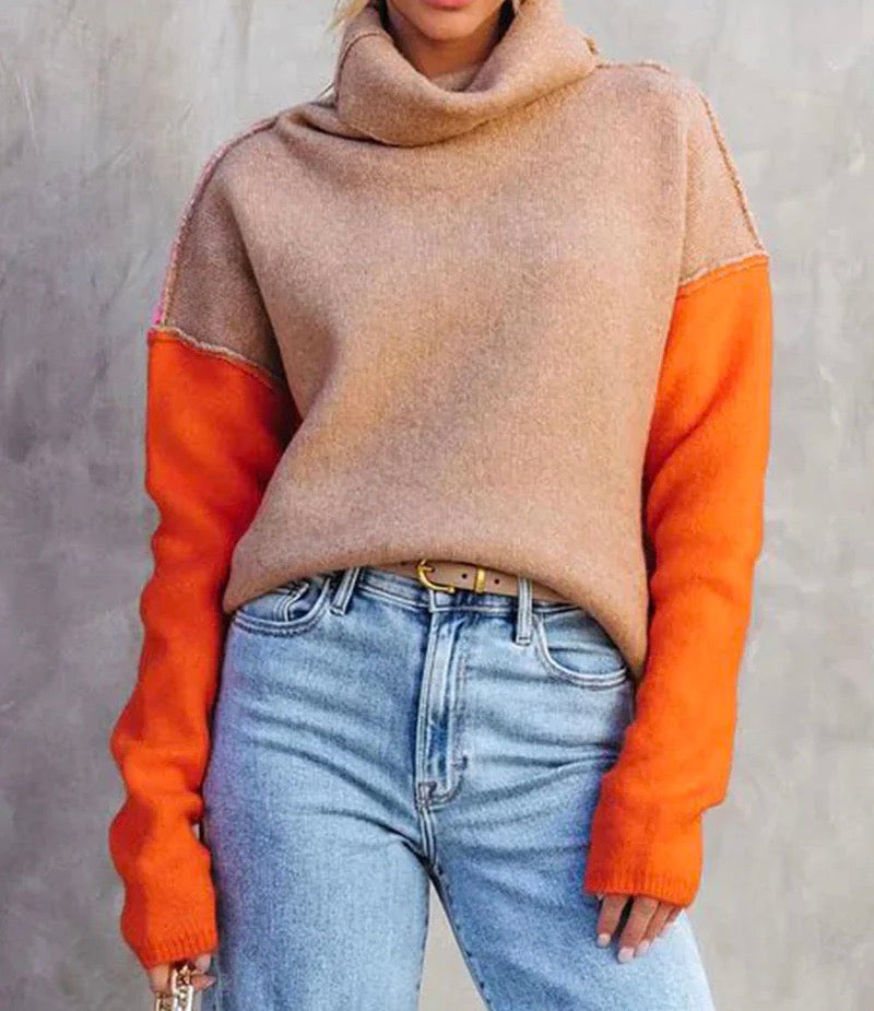 Colour Block Turtleneck Jumper for Women