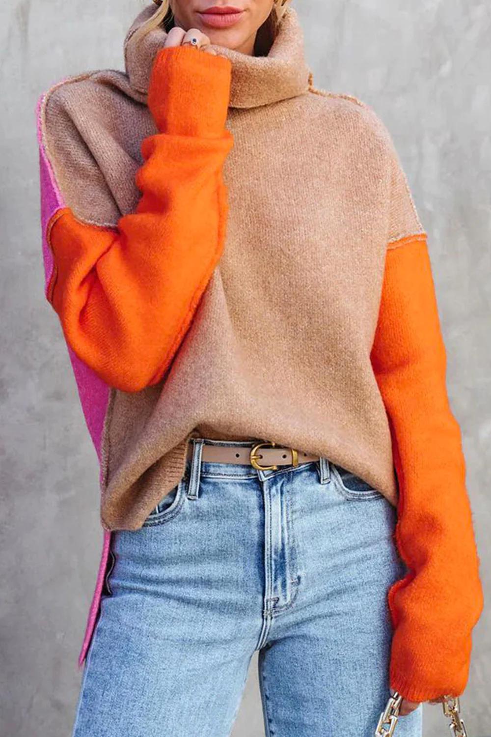 Colour Block Turtleneck Jumper for Women