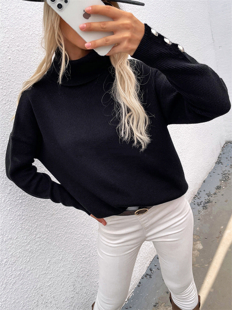 Button Cuffs Turtleneck Jumper For Women