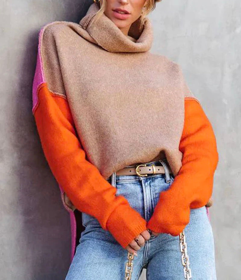 Colour Block Turtleneck Jumper for Women