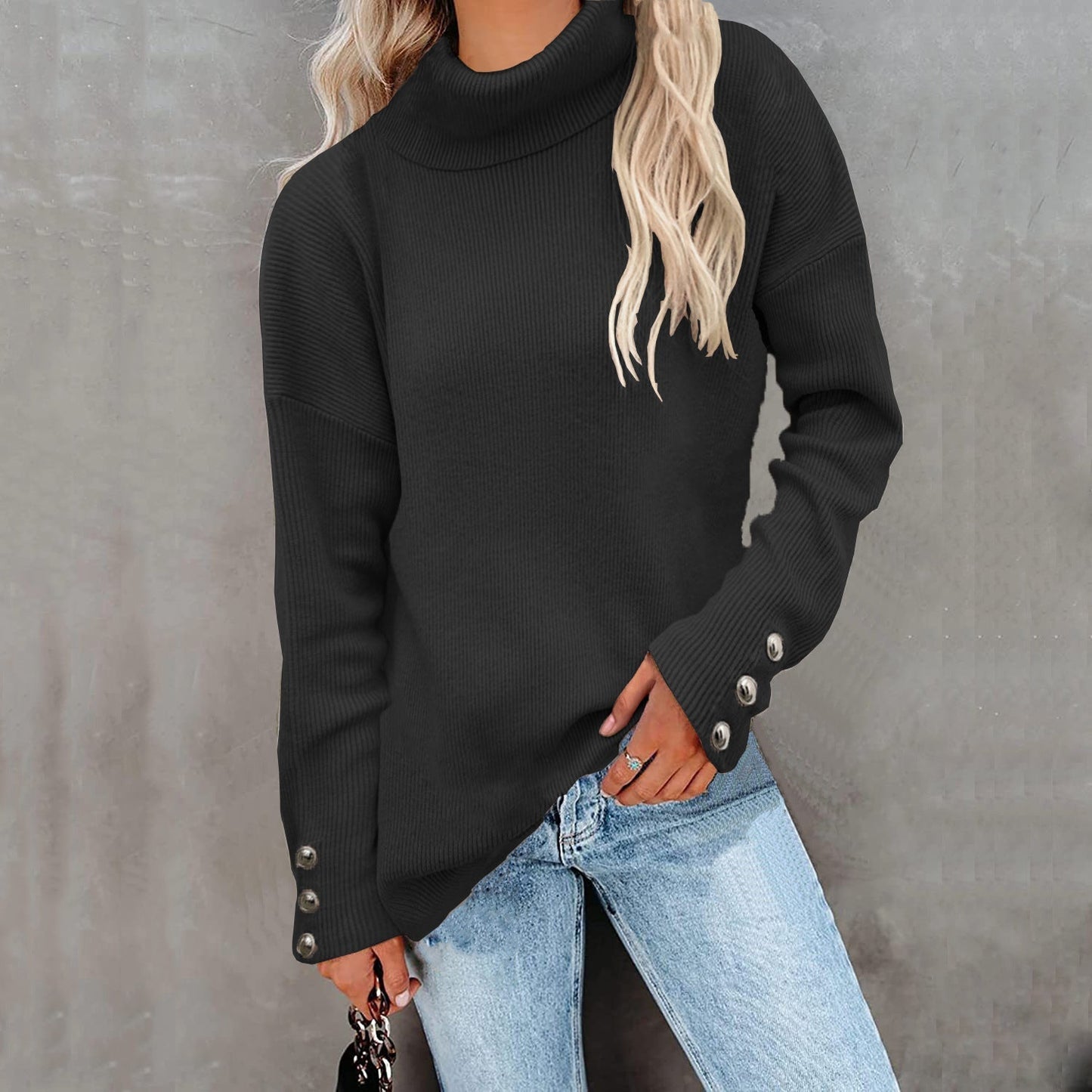Button Cuffs Turtleneck Jumper For Women